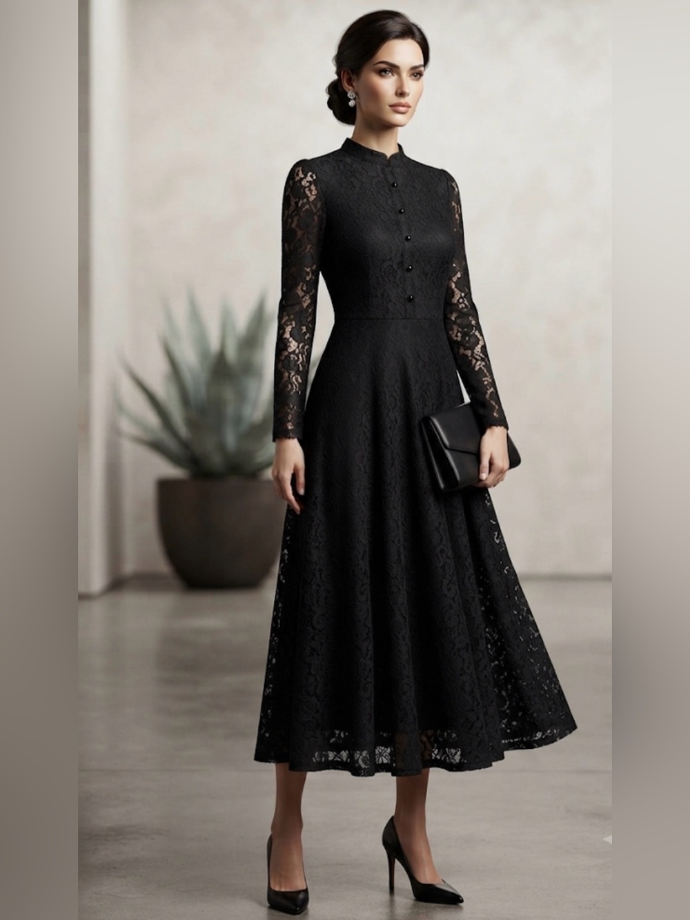 Elegant Black Lace Long-Sleeve Midi Dress